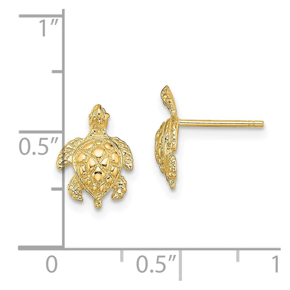 14k Yellow Gold 2-D Textured Sea Turtle Stud Earrings Gift for Women