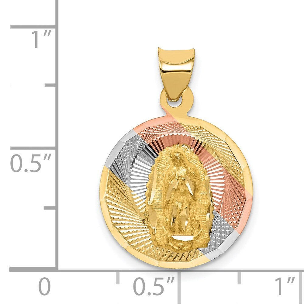 14k Yellow Gold Rhodium Polished Diamond-Cut Lady Of Guadalupe Circle Pendant