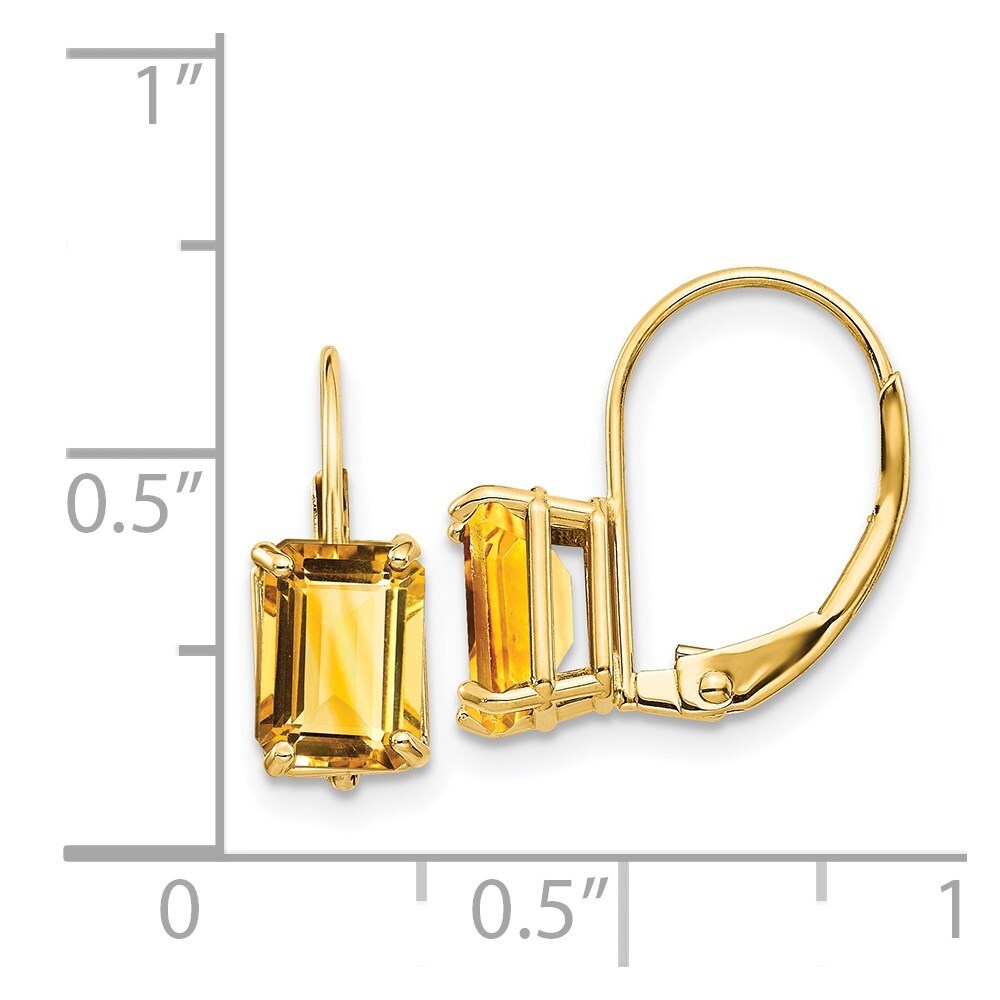 14k Yellow Gold 7x5mm Emerald Cut Citrine Dangle Earrings Leverback