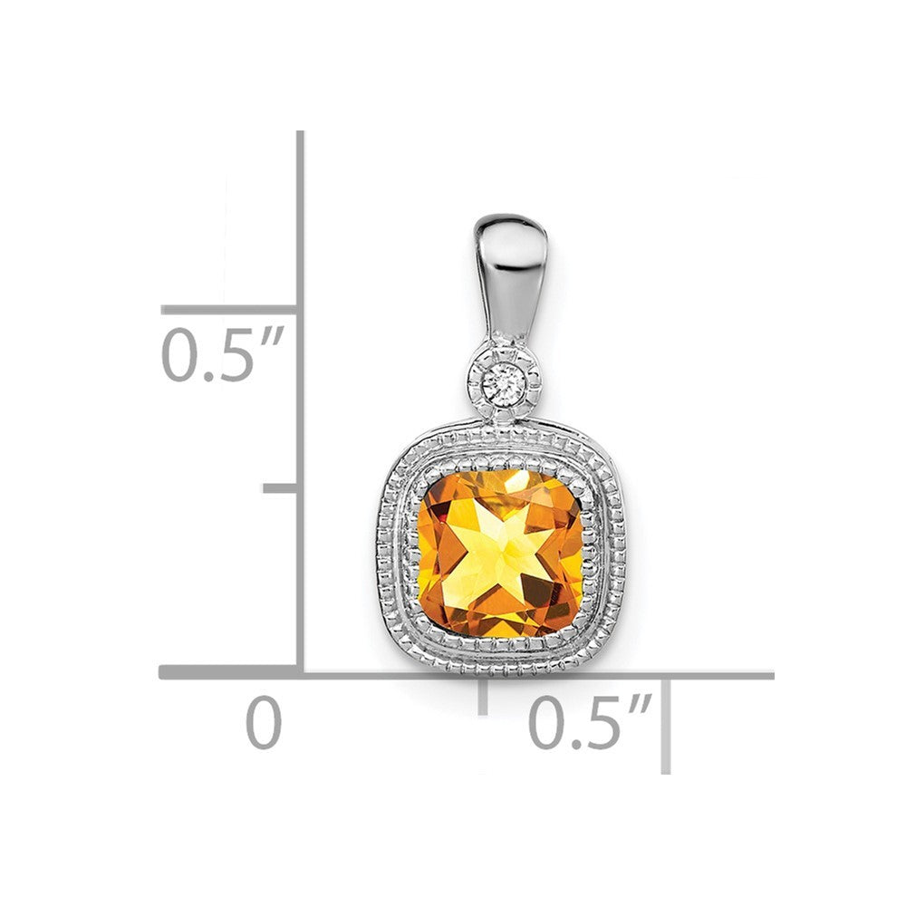 14k White Gold 6mm Cushion Citrine and Diamond Pendant