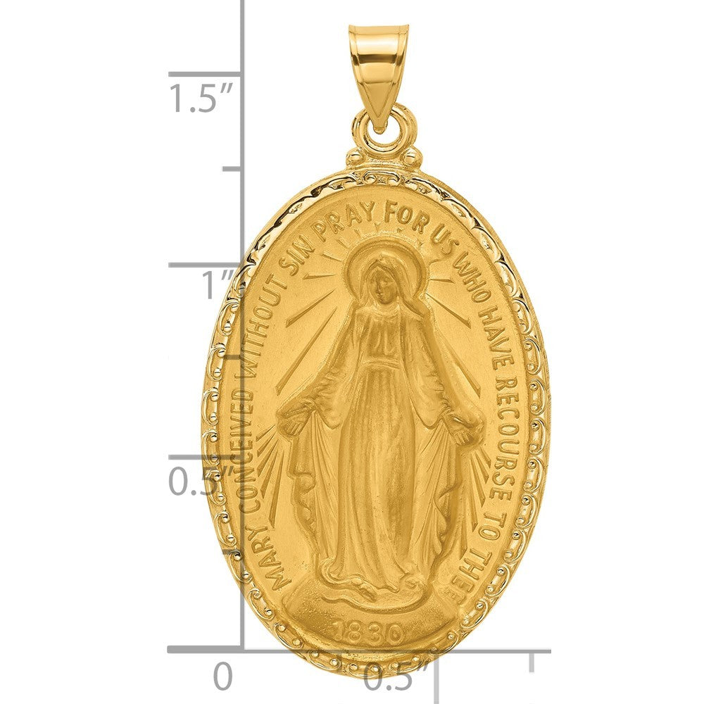 14k Yellow Gold Satin and Polished Miraculous Medal Solid Oval Pendant