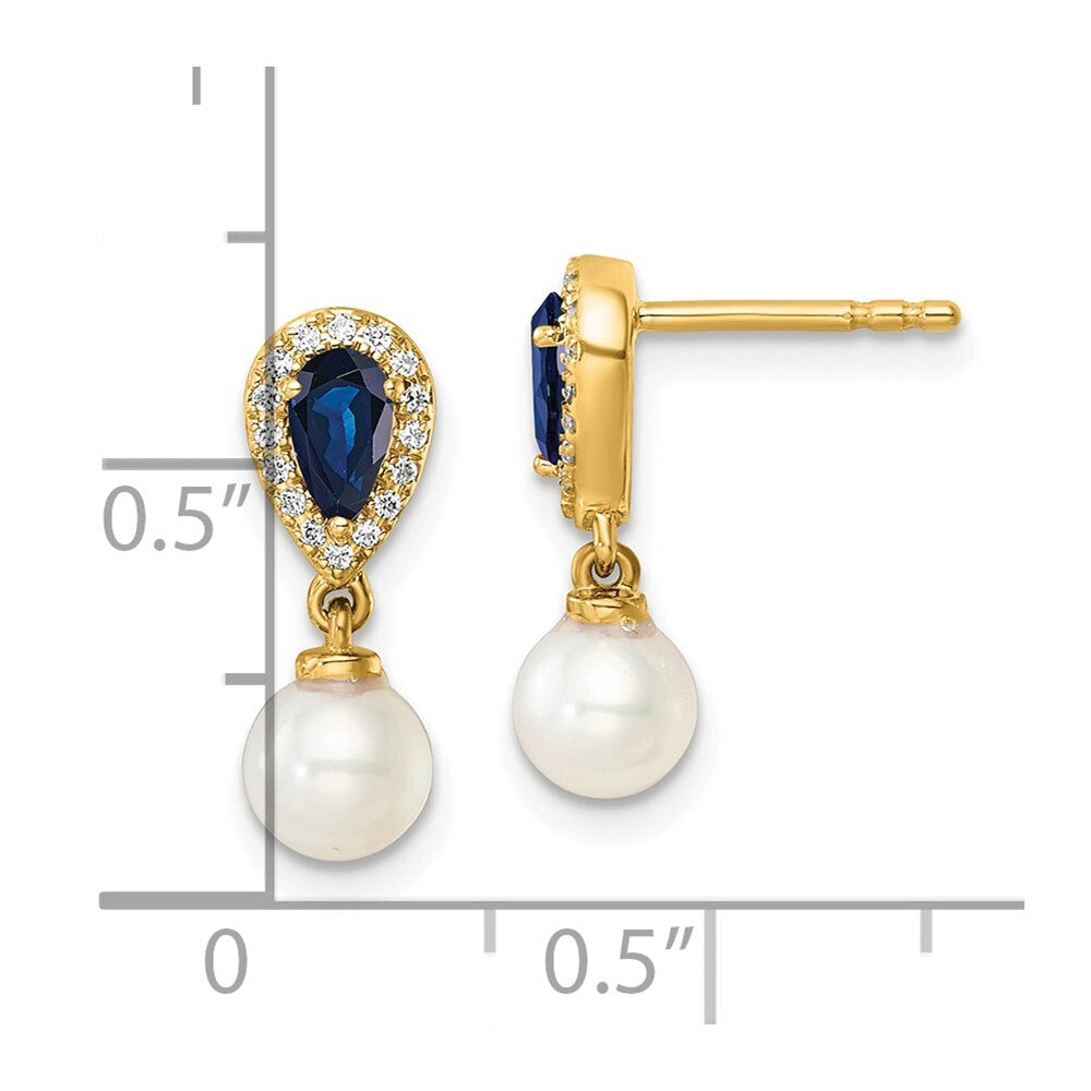 14k Yellow Gold Polished Diamond Pearl and Sapphire Dangle Earrings