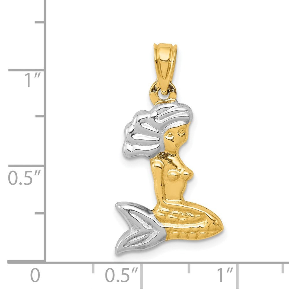 14k Yellow Gold with White Rhodium 3-D Mermaid Pendant