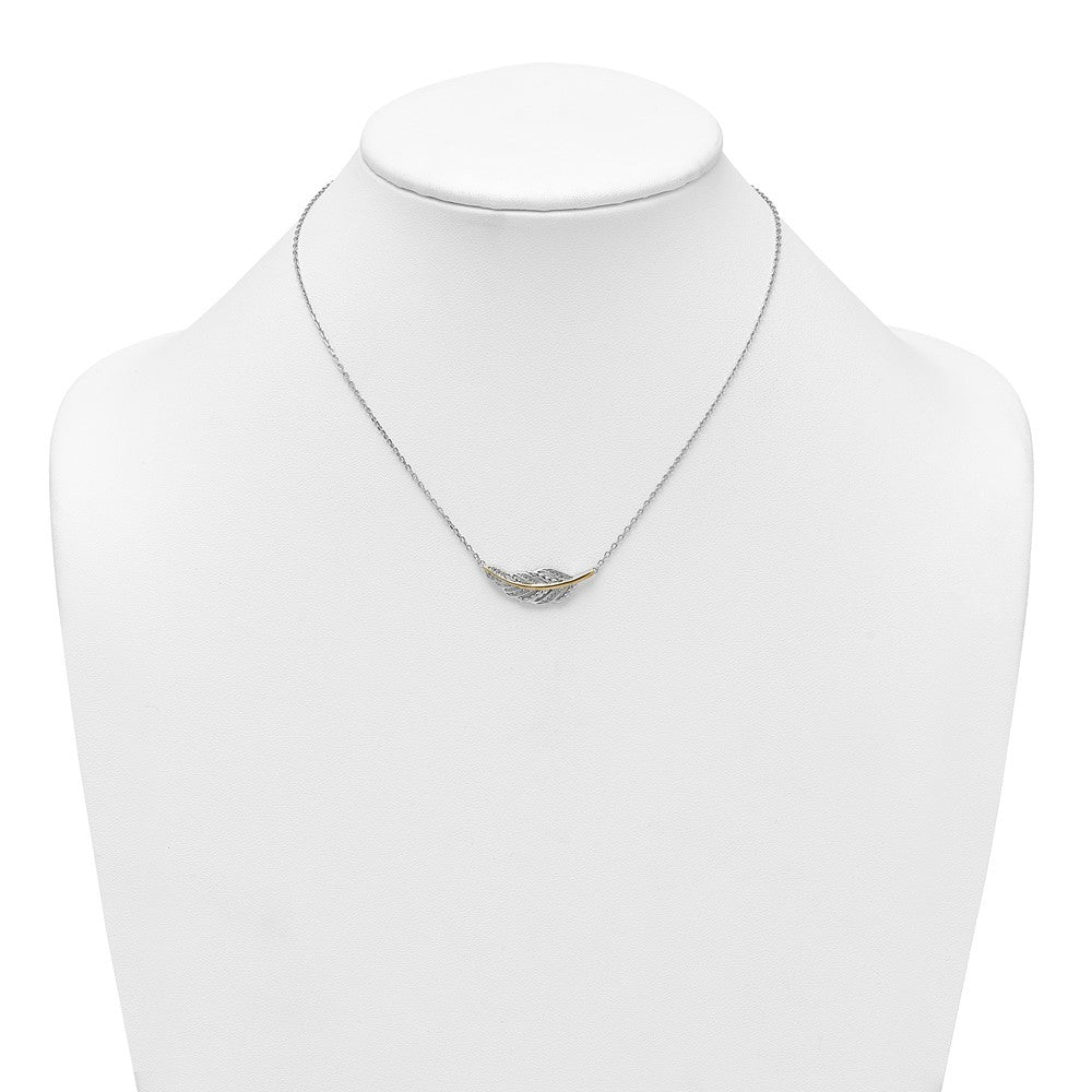 Sterling Silver with 14k Accent Polished CZ Feather Necklace 16+2"