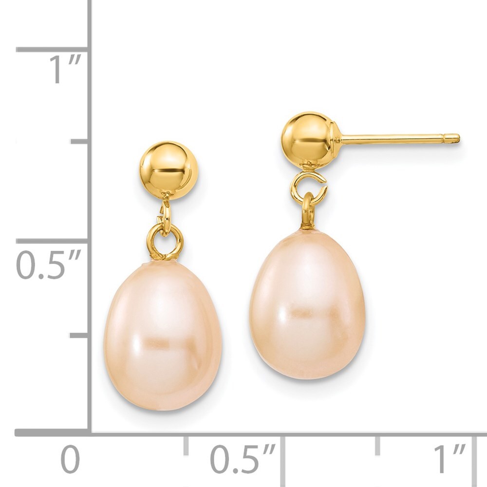14k Yellow Gold 8-9mm Pink Rice Freshwater Cultured Pearl Dangle Earrings