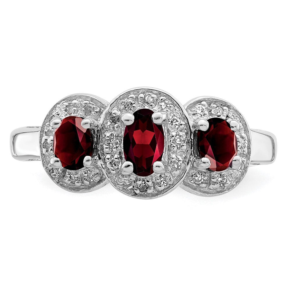 Sterling Silver Rhodium-plated 3 Stone Garnet & Diamond Ring Size 7