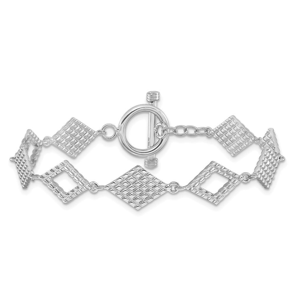 Sterling Silver Rhodium-plated Diamond-Shape Textured 7.5" Toggle Bracelet