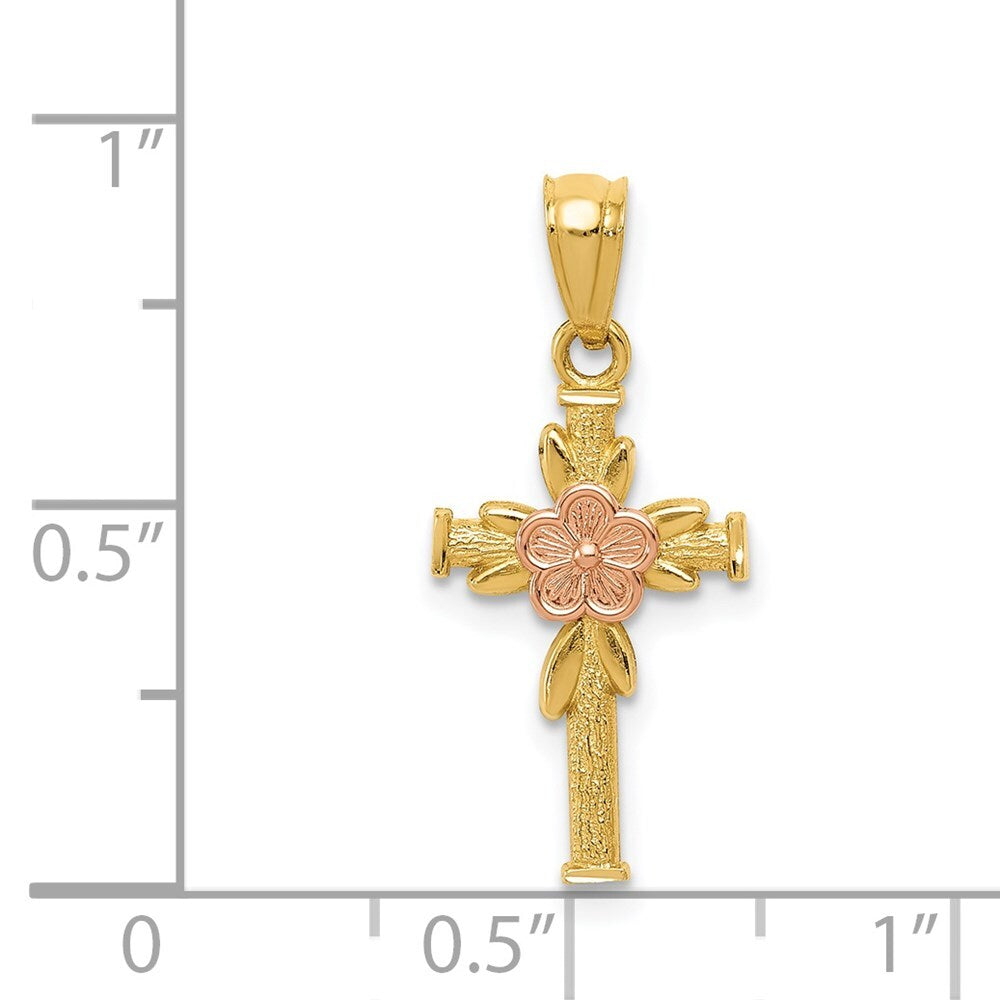 14k Two-tone Gold Polished Diamond-Cut Cross Flower Pendant for Women