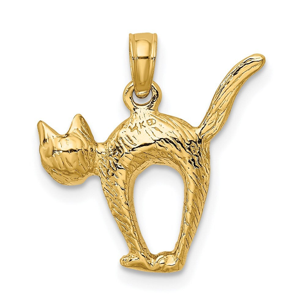 14k Yellow Gold 3-D Textured Arch Back and Raised Tail Cat Charm Pendant
