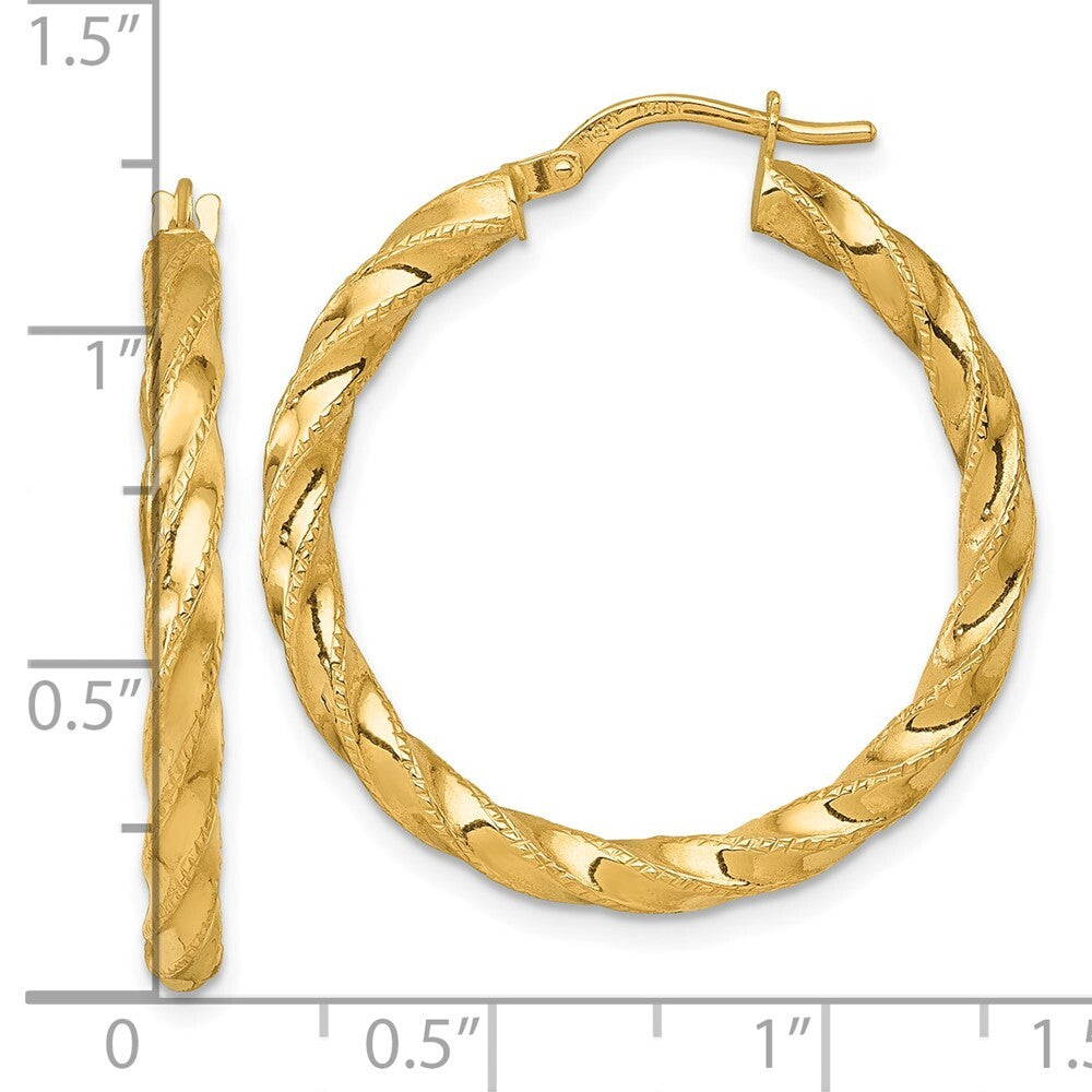 14k Yellow Gold Polished Diamond-cut Twist Hoop Earrings Gift for Women