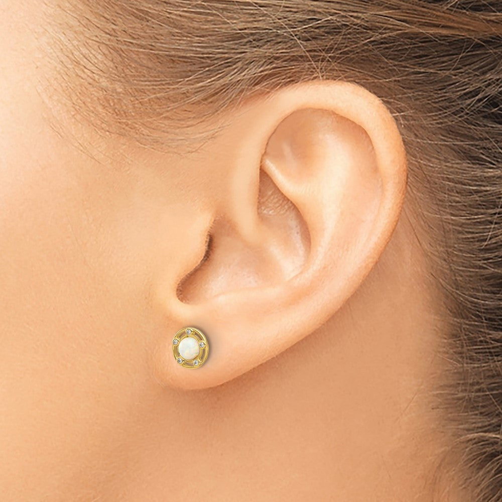 14k Yellow Gold Polished Created Opal and CZ Earrings