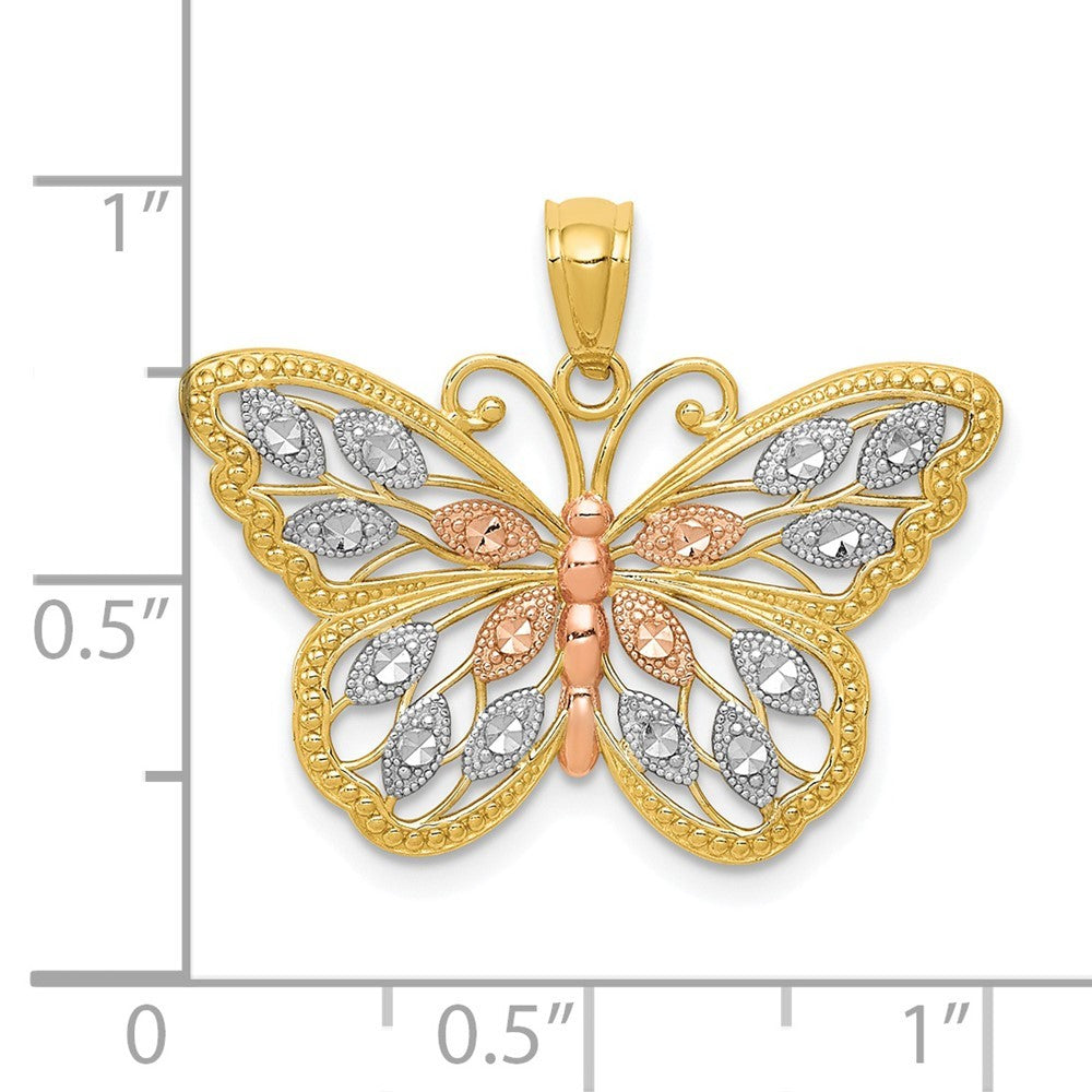 14k Yellow Gold w/White and Rose Rhodium Diamond-cut Butterfly Pendant