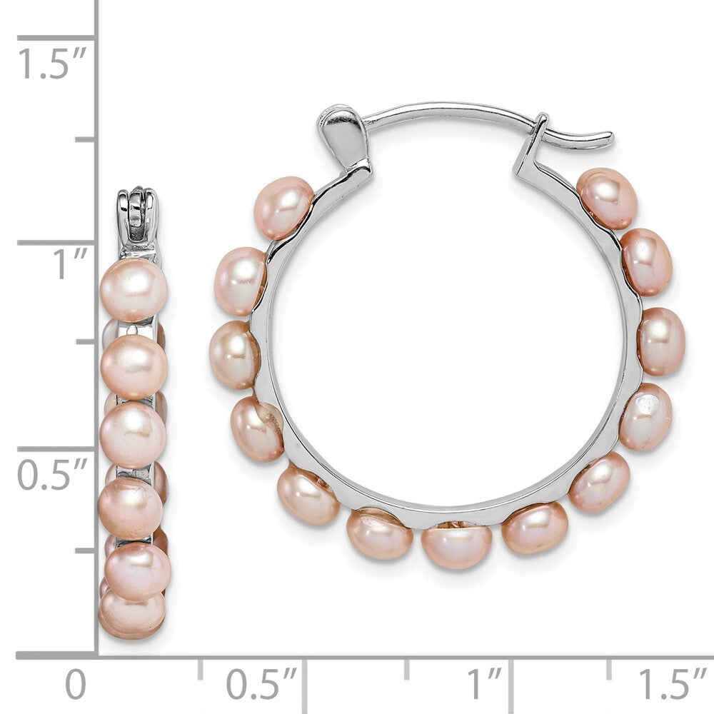 Sterling Silver 4-5mm Pink Button Freshwater Cultured Pearl Hoop Earrings