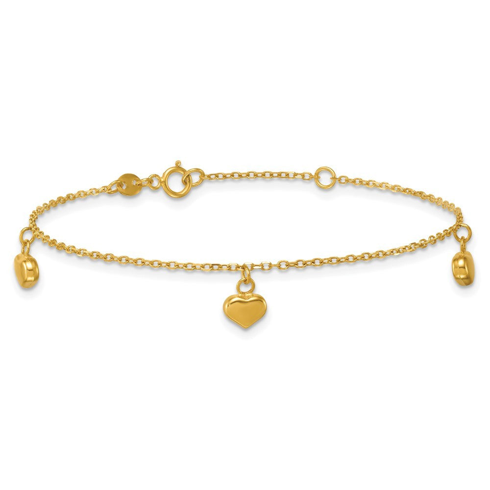14k Yellow Gold Three Puffed Heart Dangle 6.5" Bracelet Plus 0.75" Extender