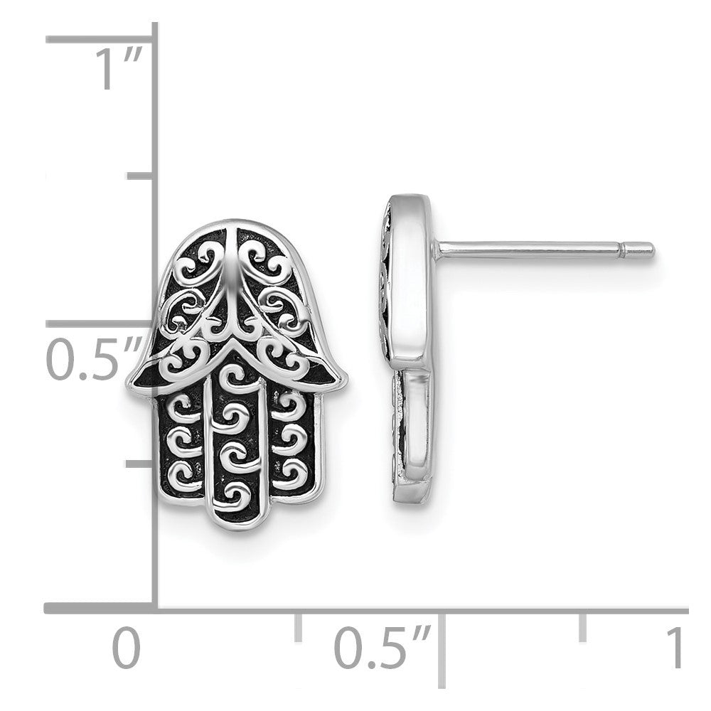 Sterling Silver Rhodium-plated and Oxidized Filigree Hamsa Post Earrings