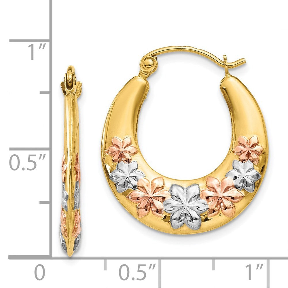 14k Yellow Gold & White and Rose Rhodium Hollow Flowers Hoop Earrings