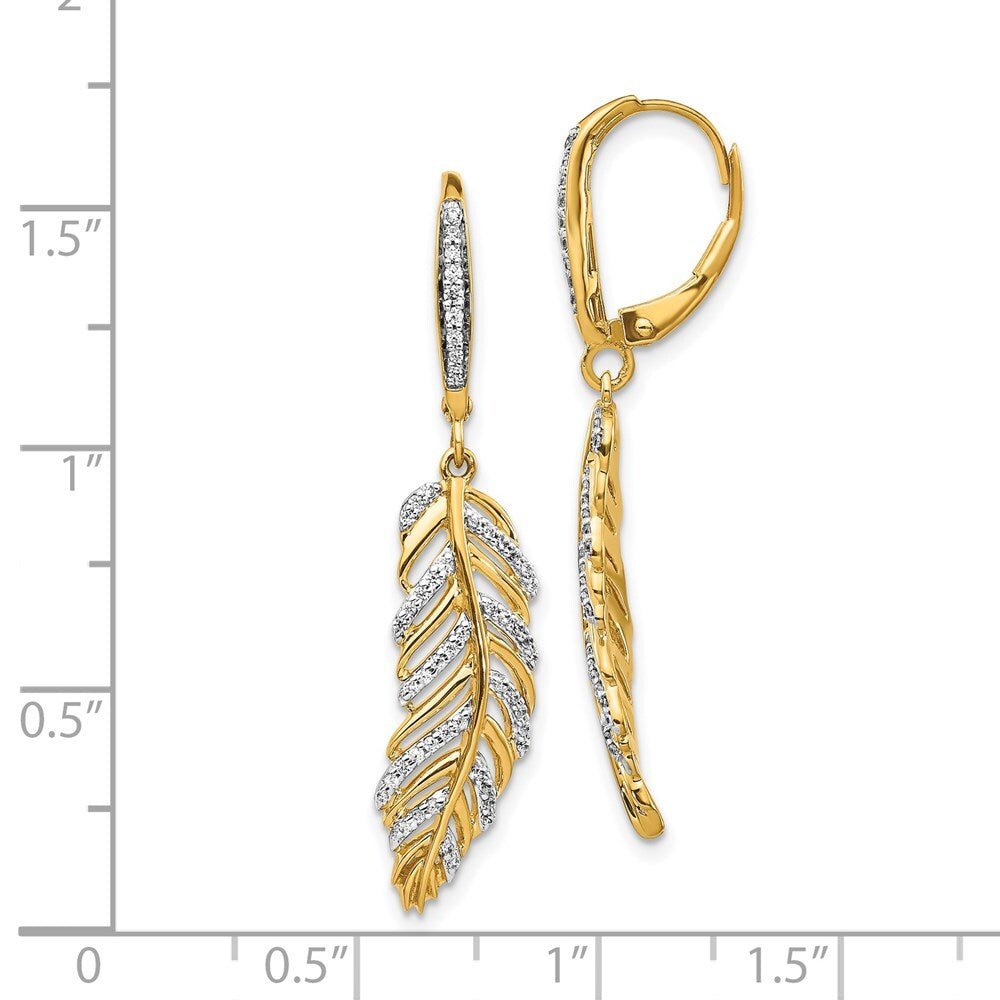 14k Yellow Gold Diamond Fancy Feather Leverback Drop & Dangle Earrings