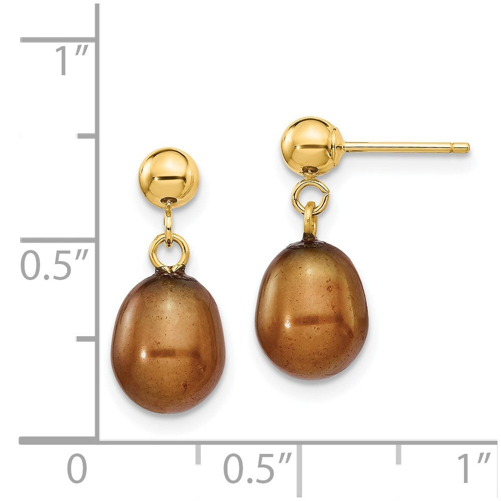 14k Yellow Gold 7-8mm Brown Rice Freshwater Cultured Pearl Dangle Earrings