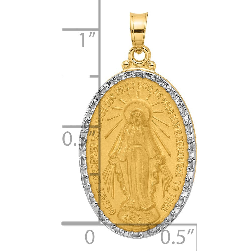 14k Yellow Gold with Rhodium Satin Polished Miraculous Medal Solid Oval Pendant