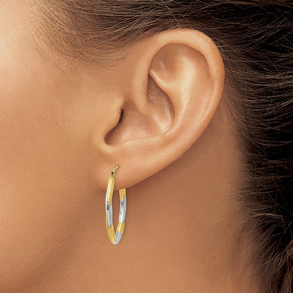 14k Yellow Gold & Rhodium Textured Hollow Oval Hoop Earrings