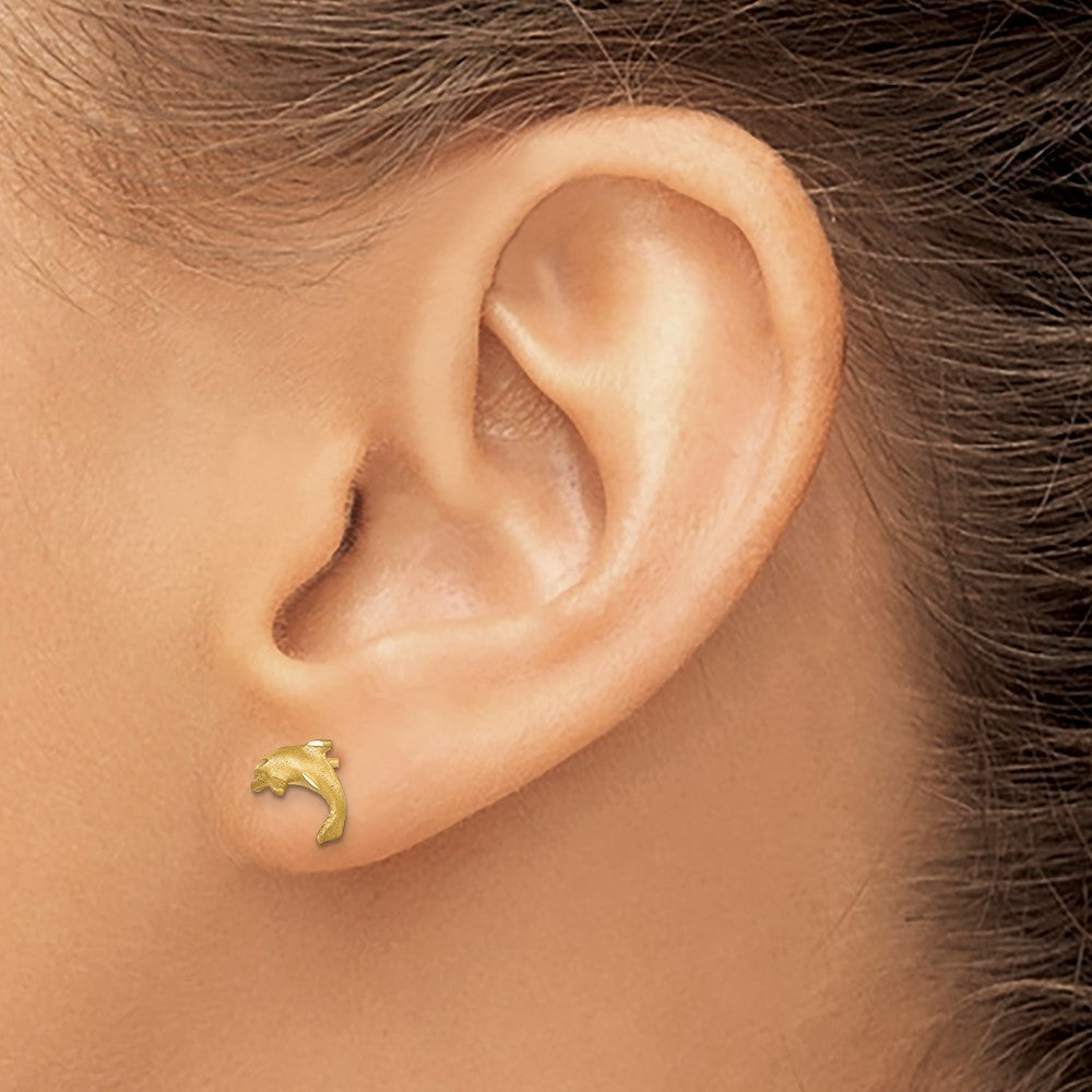 14k Yellow Gold Satin Diamond-cut Dolphin Earrings