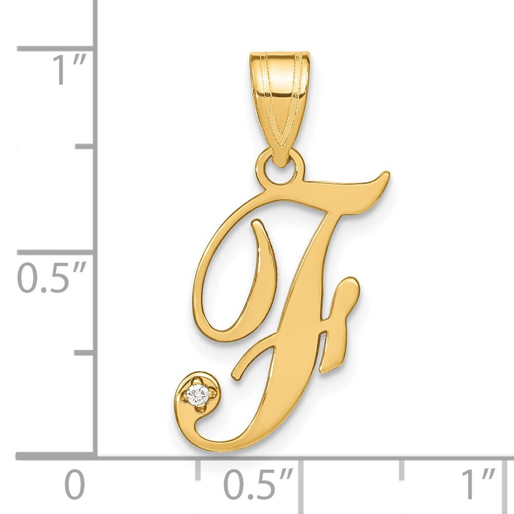 14k Yellow Gold Script Letter F Initial Pendant with Diamond for Women