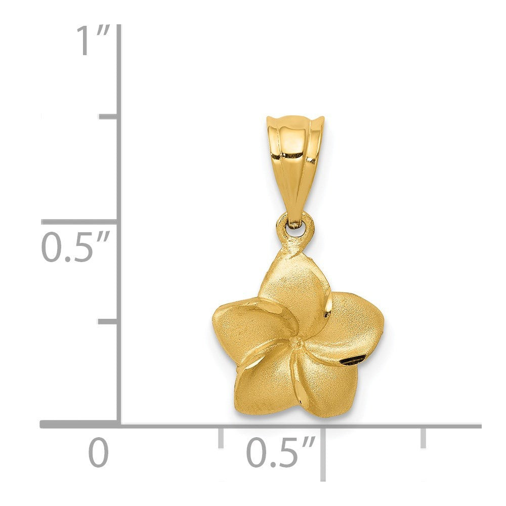 14k Yellow Gold Satin Diamond-cut Plumeria Floral Charm Pendant