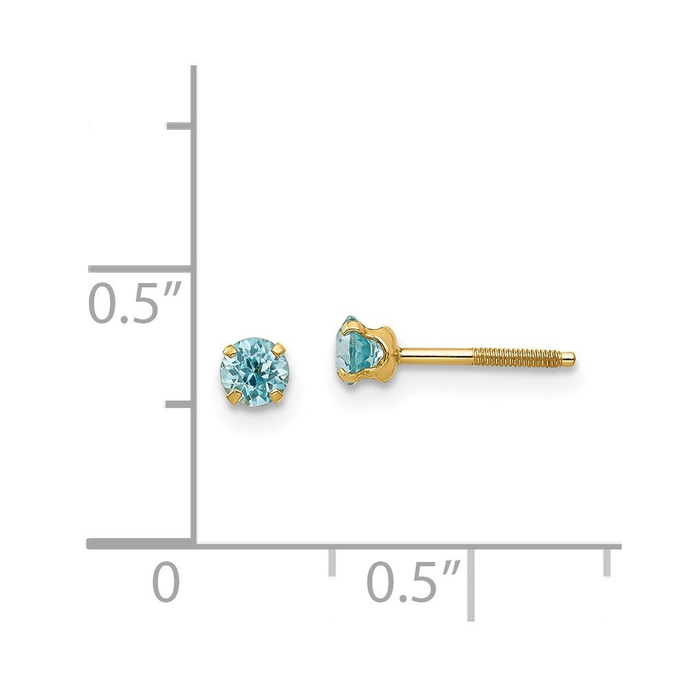 14k Yellow Gold 3mm Blue Zircon Stud Earrings Gift for Women