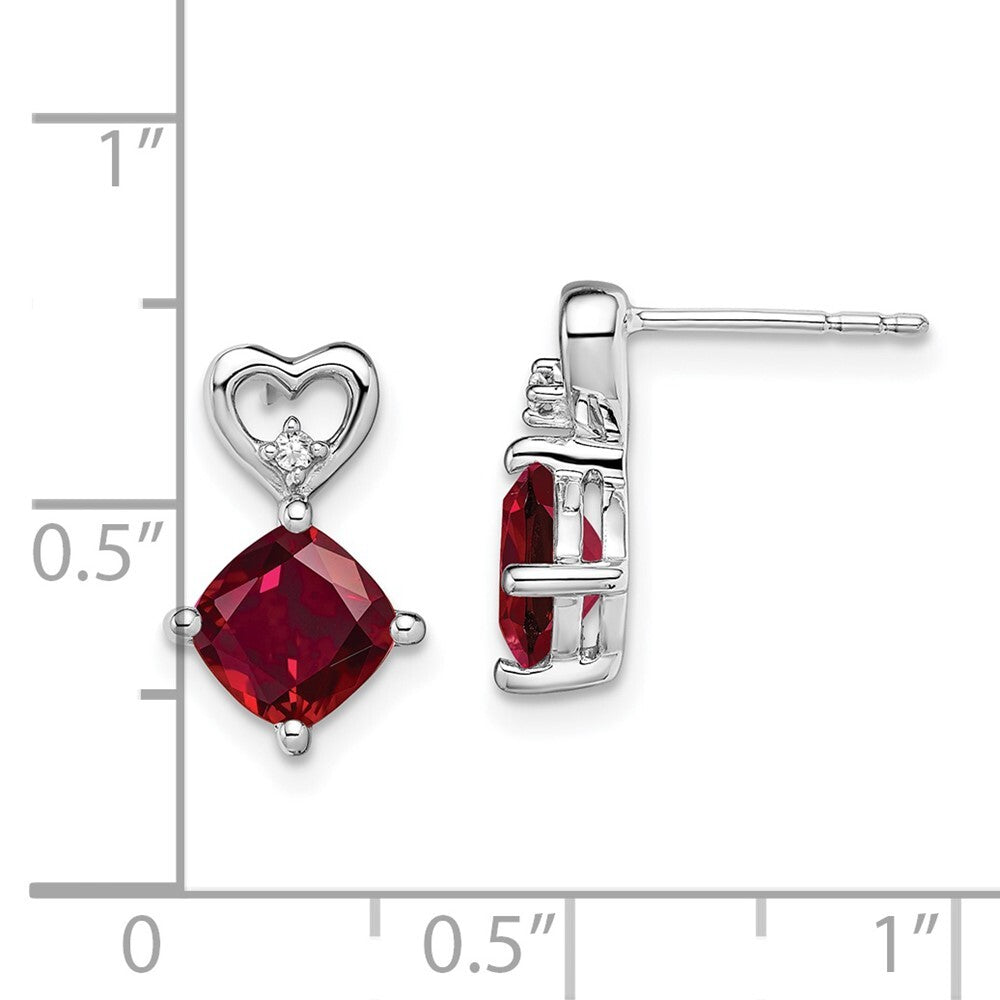14k White Gold Created Ruby and Diamond Heart Drop & Dangle Earrings
