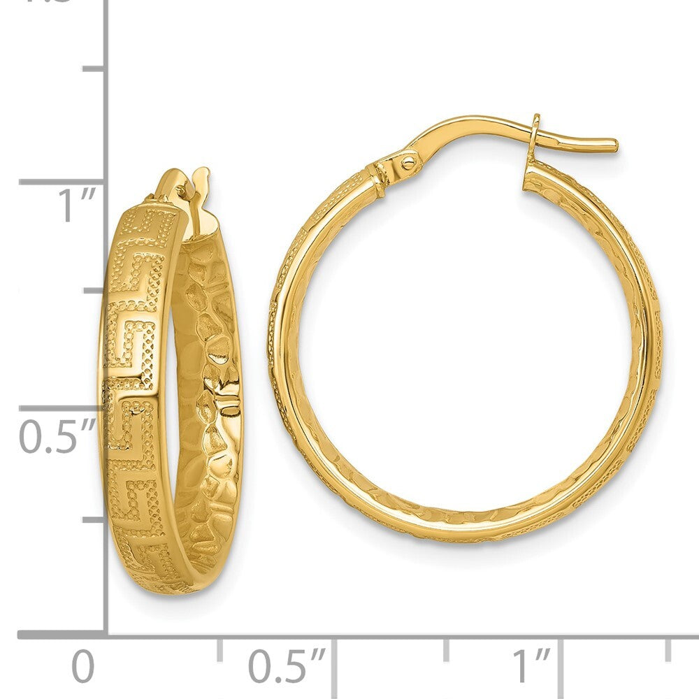14k Yellow Gold Polished Textured 4mm Greek Key Inside Hinged Hoop Earrings