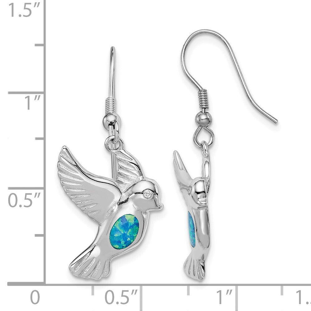 Sterling Silver Rhodium-plated Created Blue Opal Bird Dangle Earrings