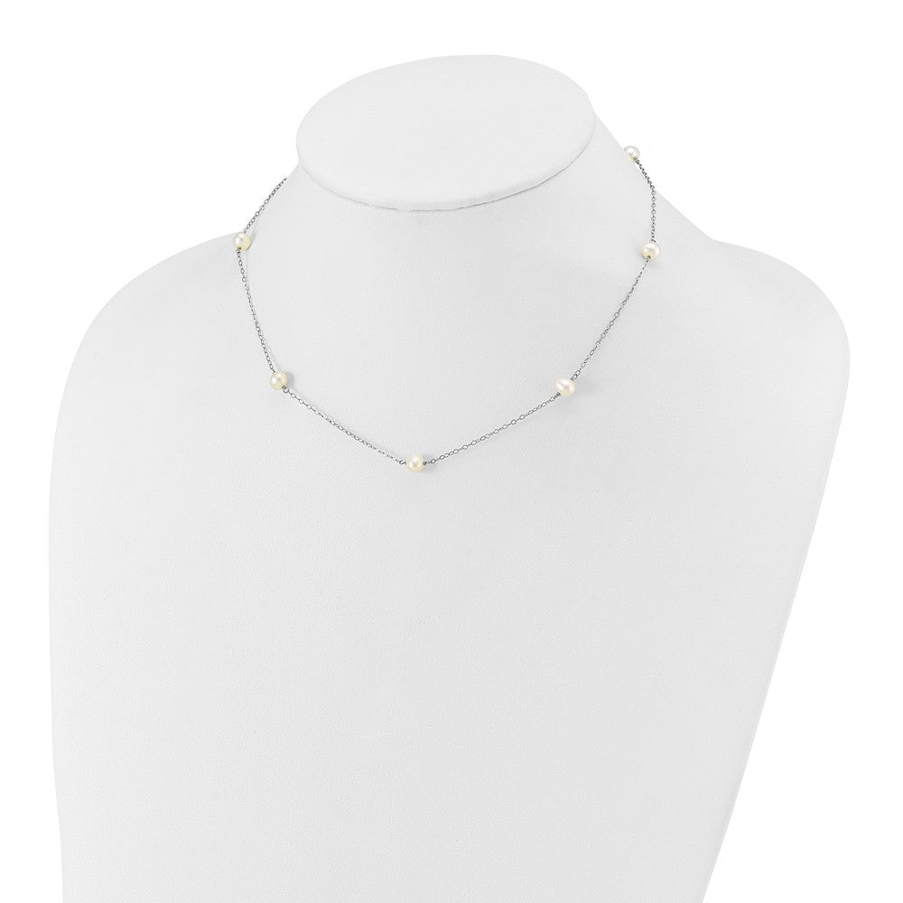 14k White Gold 5-6mm White Round Cultured Pearl 7-Station Necklace 16"