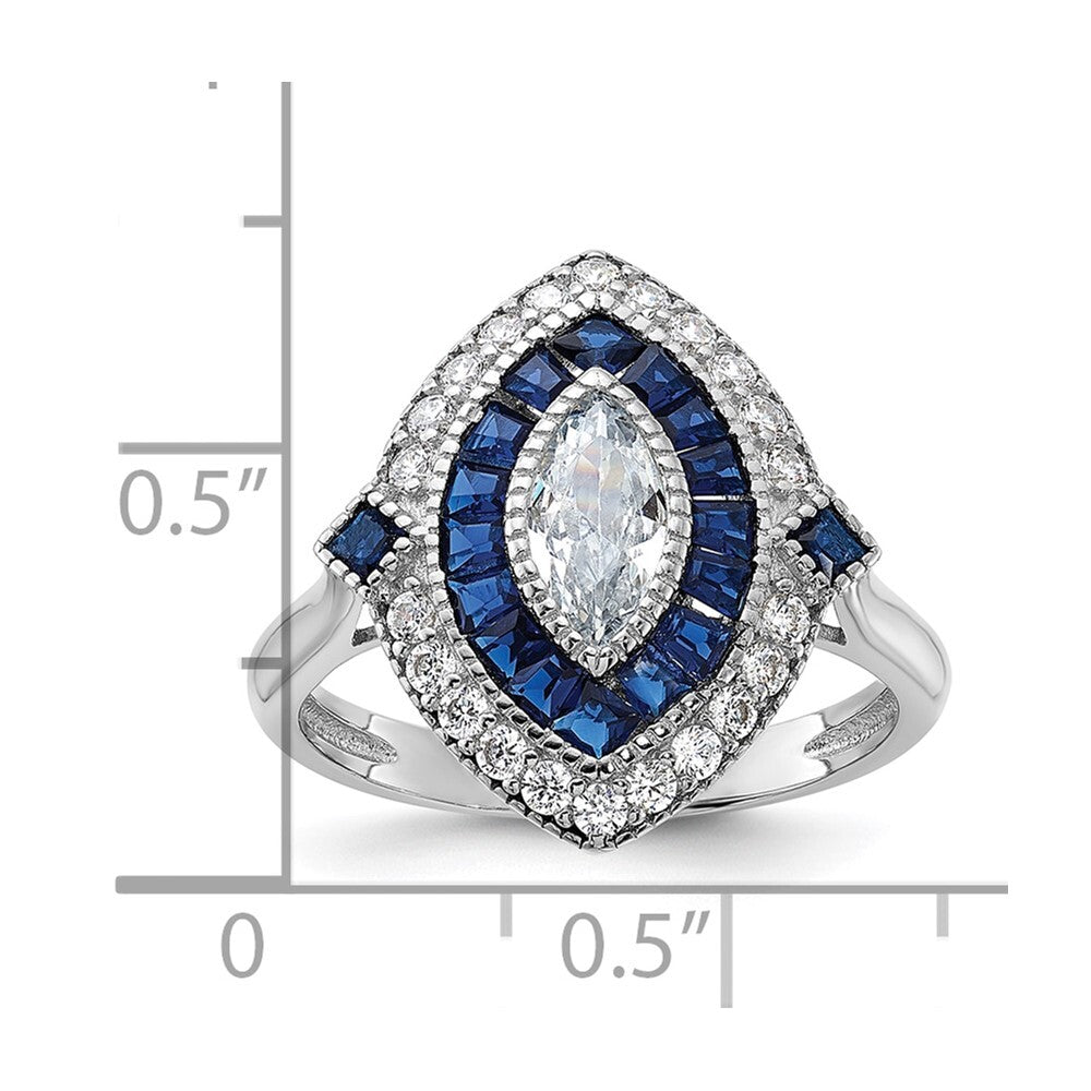 Sterling Silver Rhodium-plated Cubic Zirconia and Blue Spinel Ring SZ 7