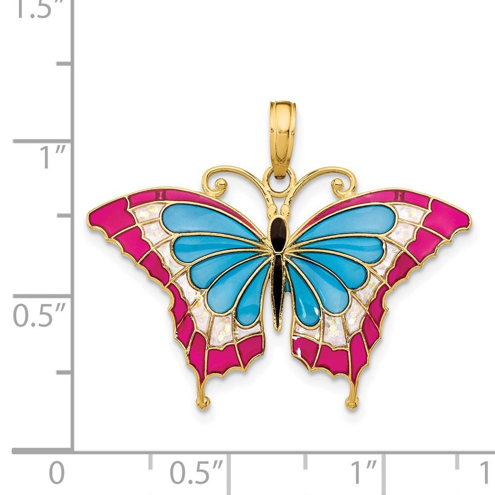 14k Yellow Gold Blue and Red Enameled Butterfly Pendant for Women