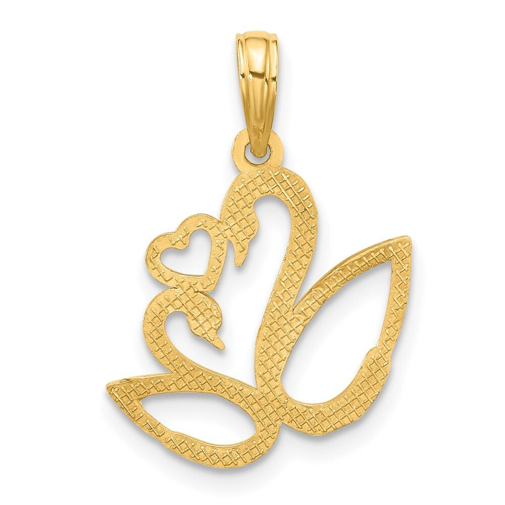 14k Yellow Gold with Rhodium Polished Fancy Heart and Swans Charm Pendant