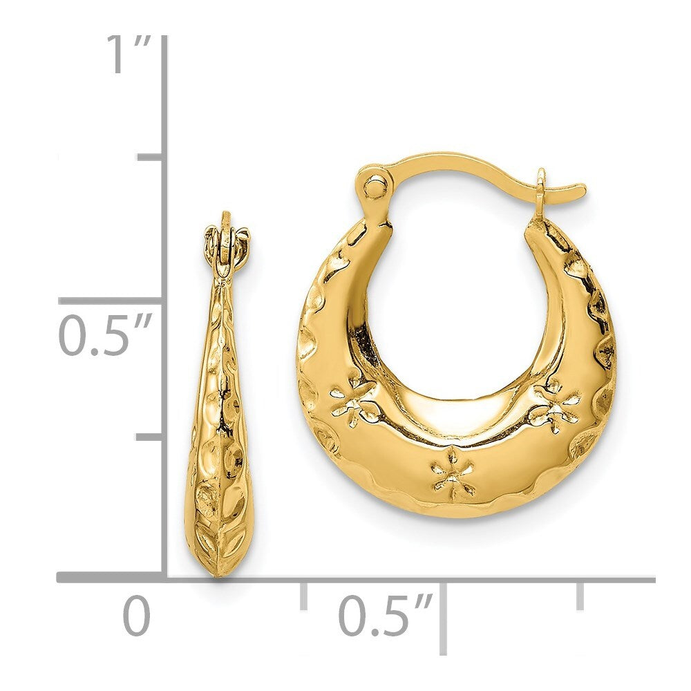 14k Yellow Gold Textured Stamped Hoop Earrings Gift for Women
