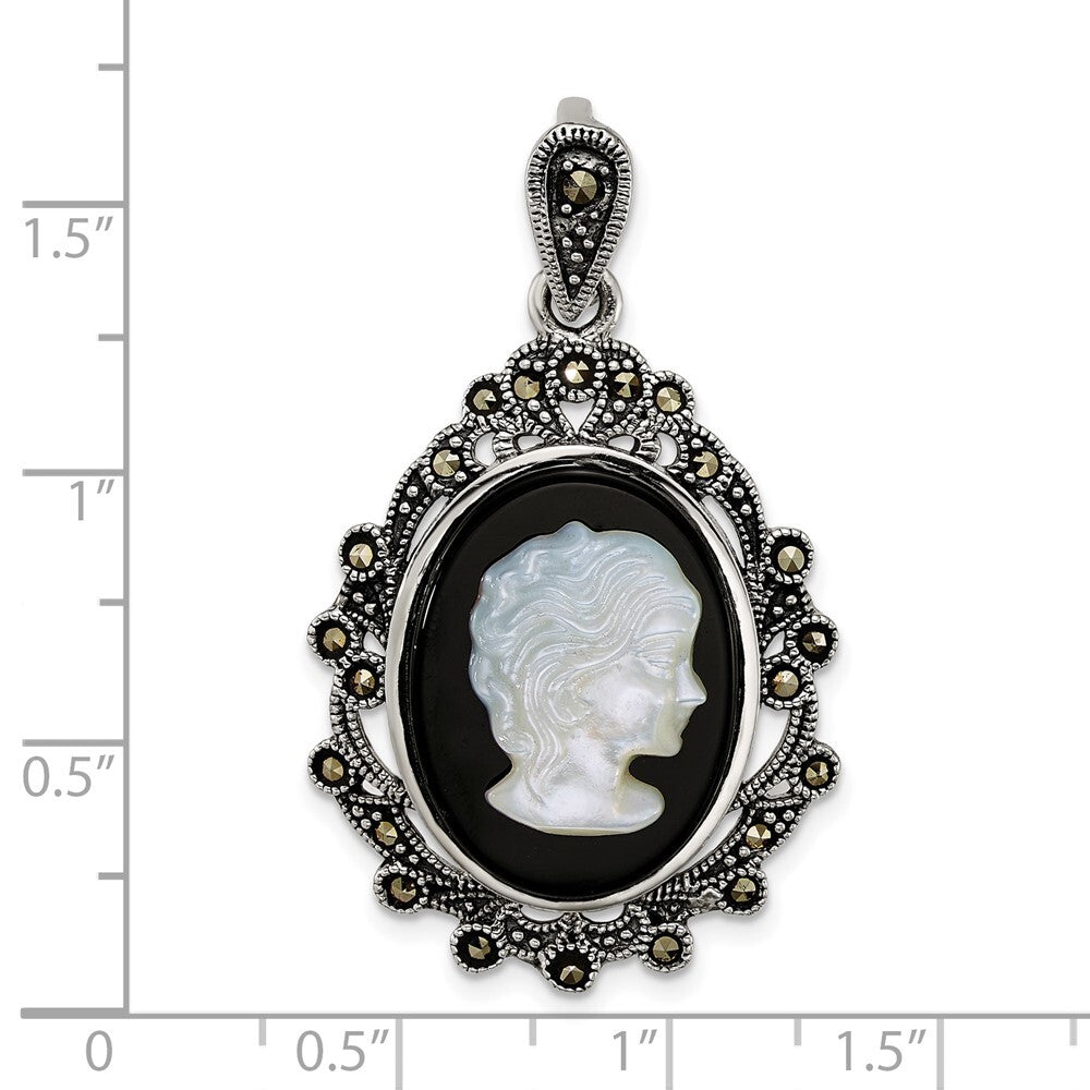 Sterling Silver Antiqued Marcasite Blk Agate and MOP Cameo Pendant