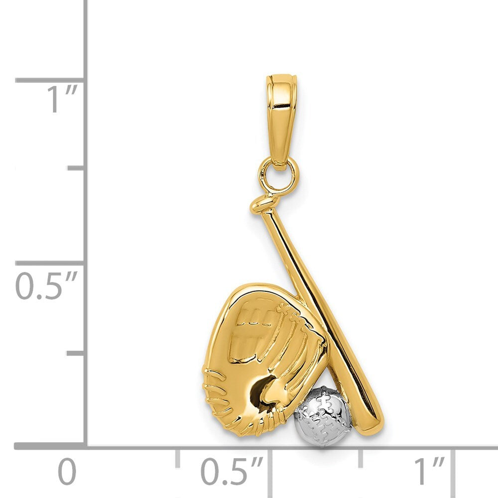 14k Yellow Gold Rhodium Baseball, Bat, and Glove Pendant for Women