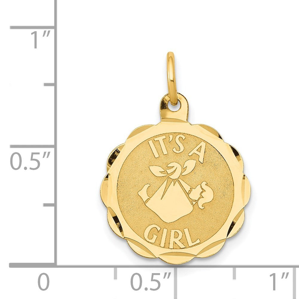14k Yellow Gold Polished IT'S A GIRL Scalloped Disc Charm Pendant