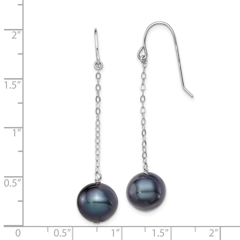 Sterling Silver 9-10mm Black Round Freshwater Cultured Pearl Dangle Earrings