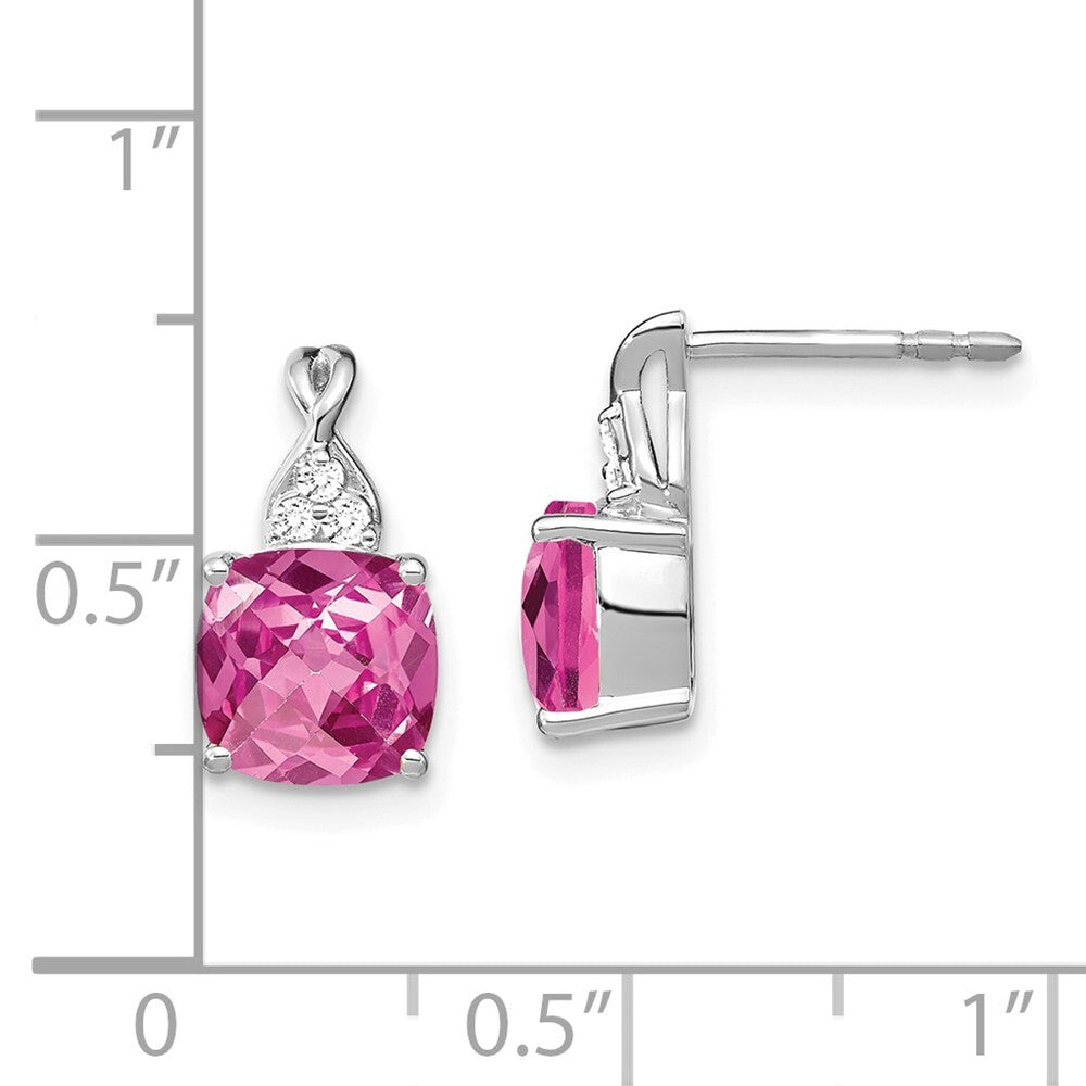 14K White Gold Checkerboard Created Pink Sapphire & Diamond Dangle Earrings