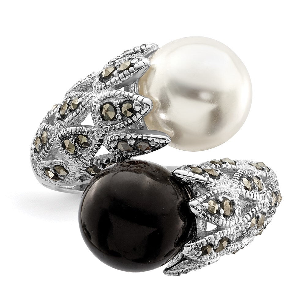Sterling Silver Black and White Plastic Imitation Pearl Marcasite Ring Size 6