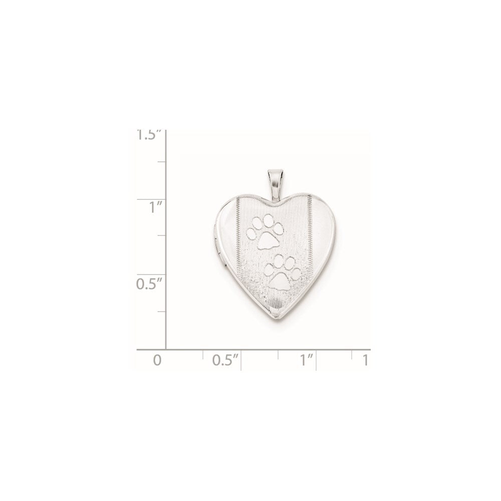 Sterling Silver Rhodium-plated Textured & Polished Paw Prints Heart Locket