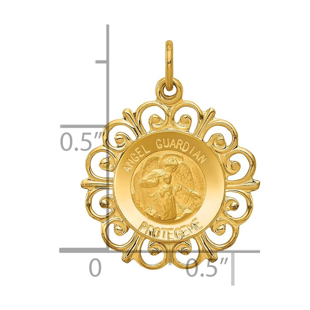 14k Yellow Gold Polished/Satin Spanish Guardian Angel Medal Hollow Pendant