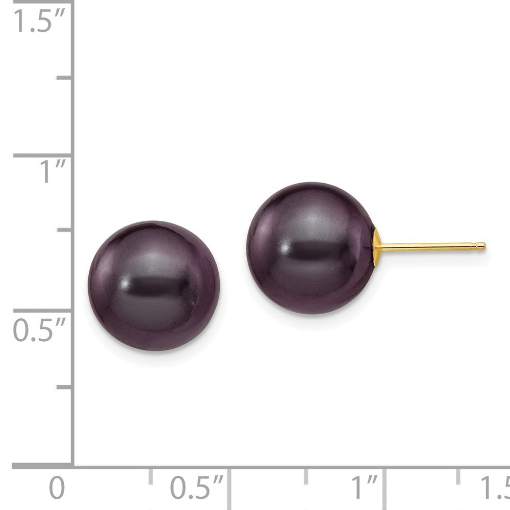 14k Yellow Gold 10-11mm Black Round Freshwater Cultured Pearl Stud Earrings