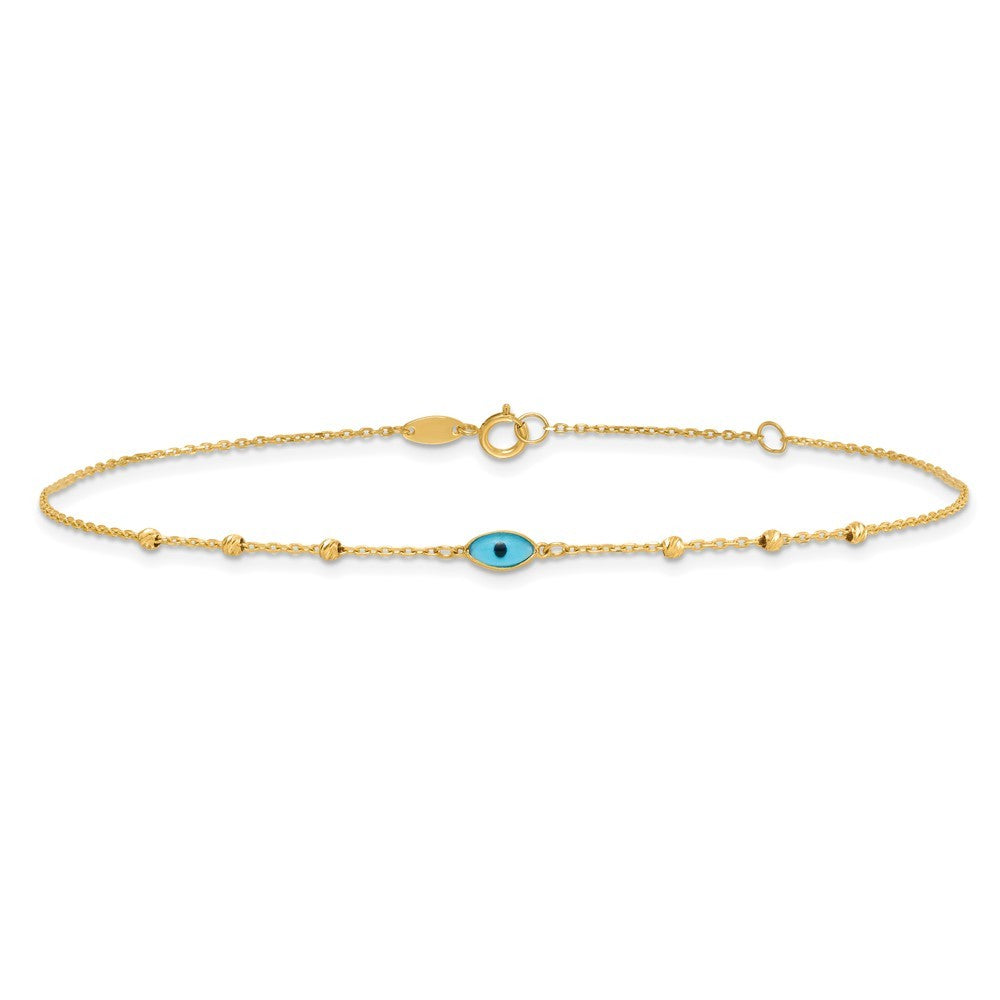 14k Yellow Gold Diamond-cut Bead Stations Blue Glass Evil Eye 10" Anklet
