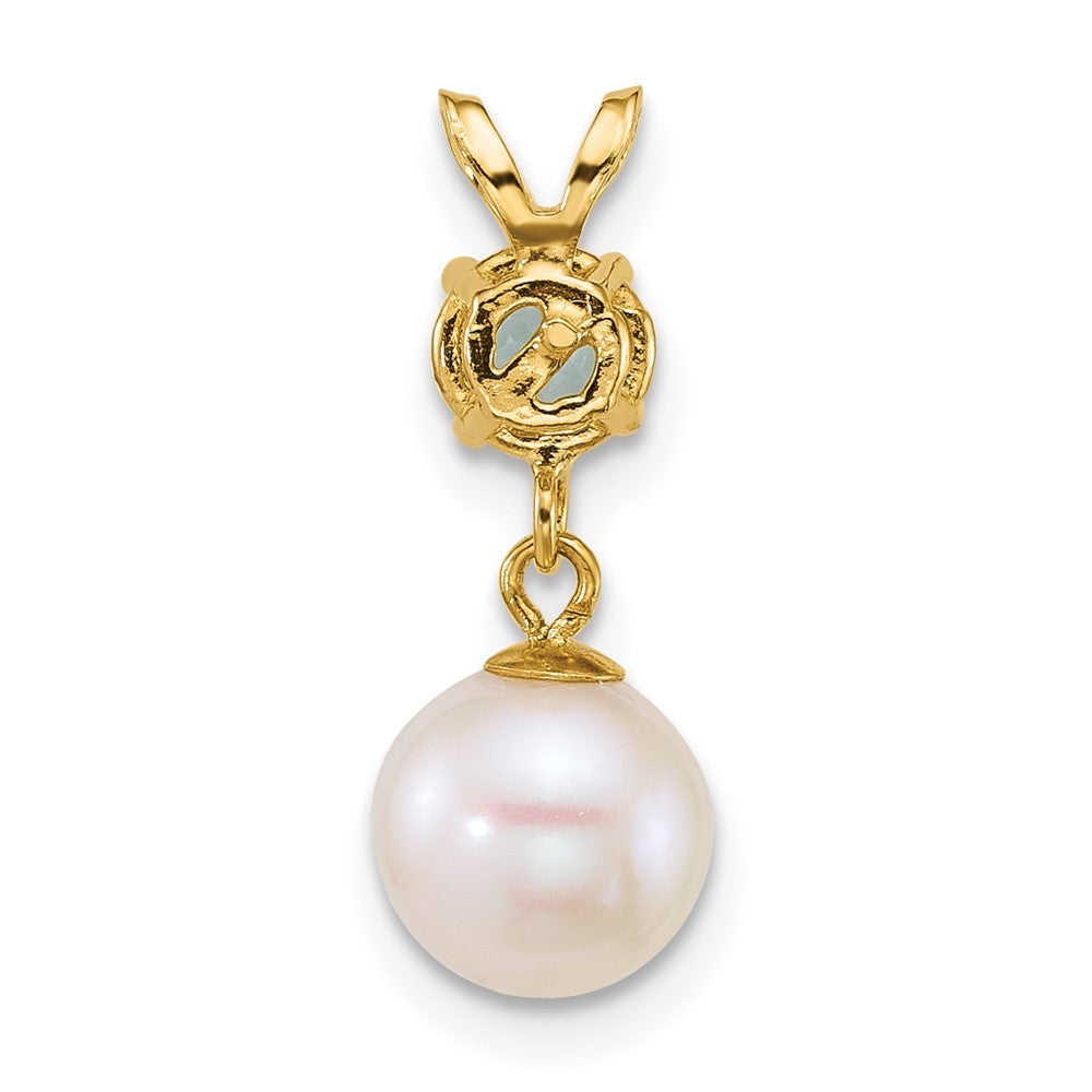 14k Yellow Gold 7-8mm Round White Cultured Pearl Dangle and Blue Topaz Pendant