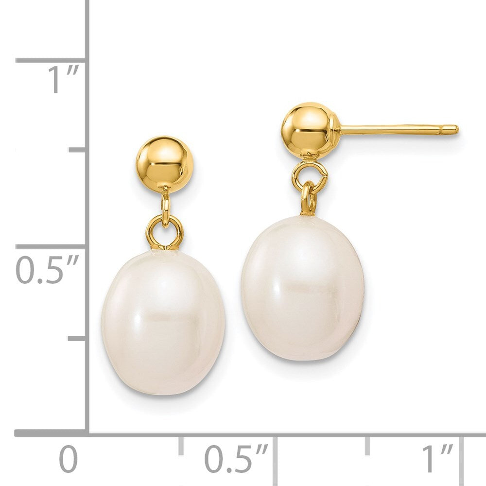14k Yellow Gold 8-9mm White Rice Freshwater Cultured Pearl Dangle Earrings