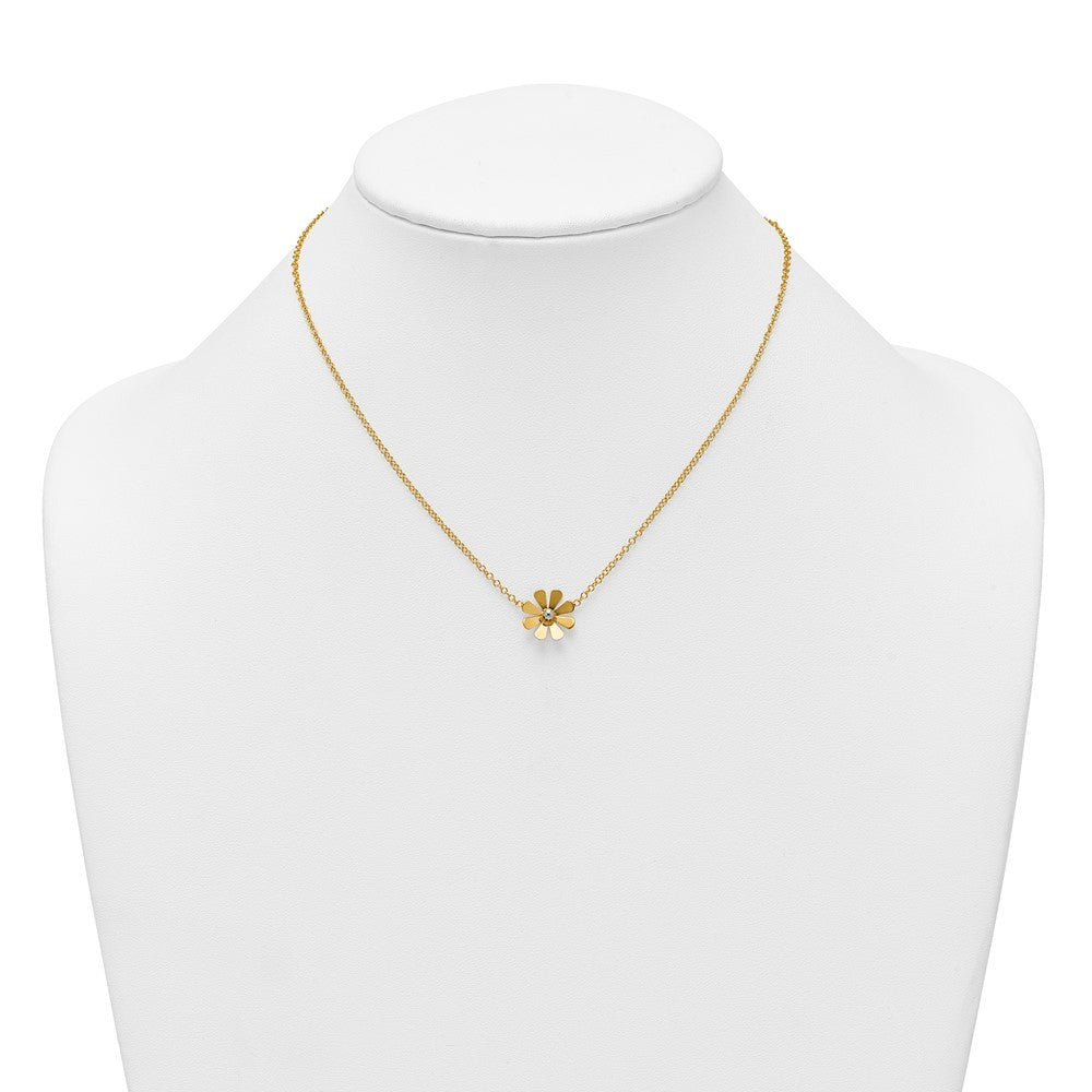 14k Yellow Gold Polished Daisy with White Rhodium Center Necklace 16+2"