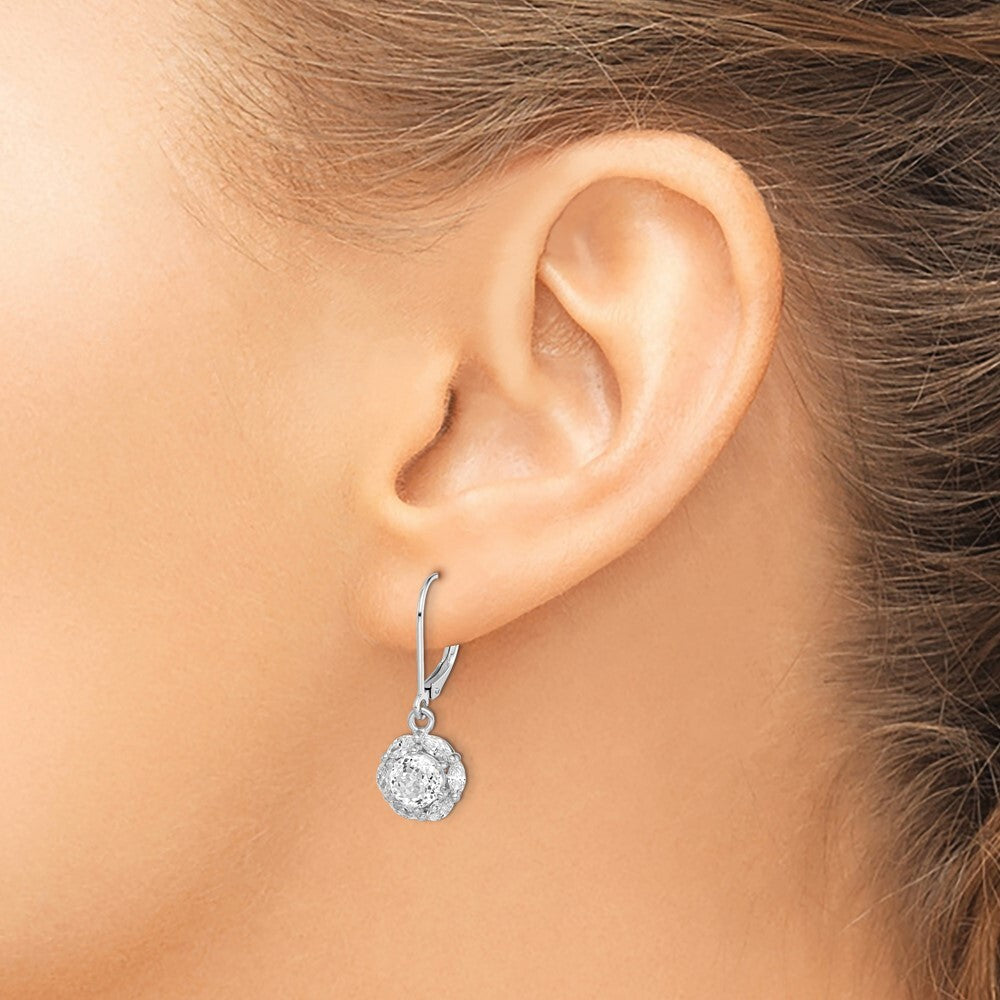 Sterling Silver Polished 6mm Cubic Zirconia Halo Leverback Earrings